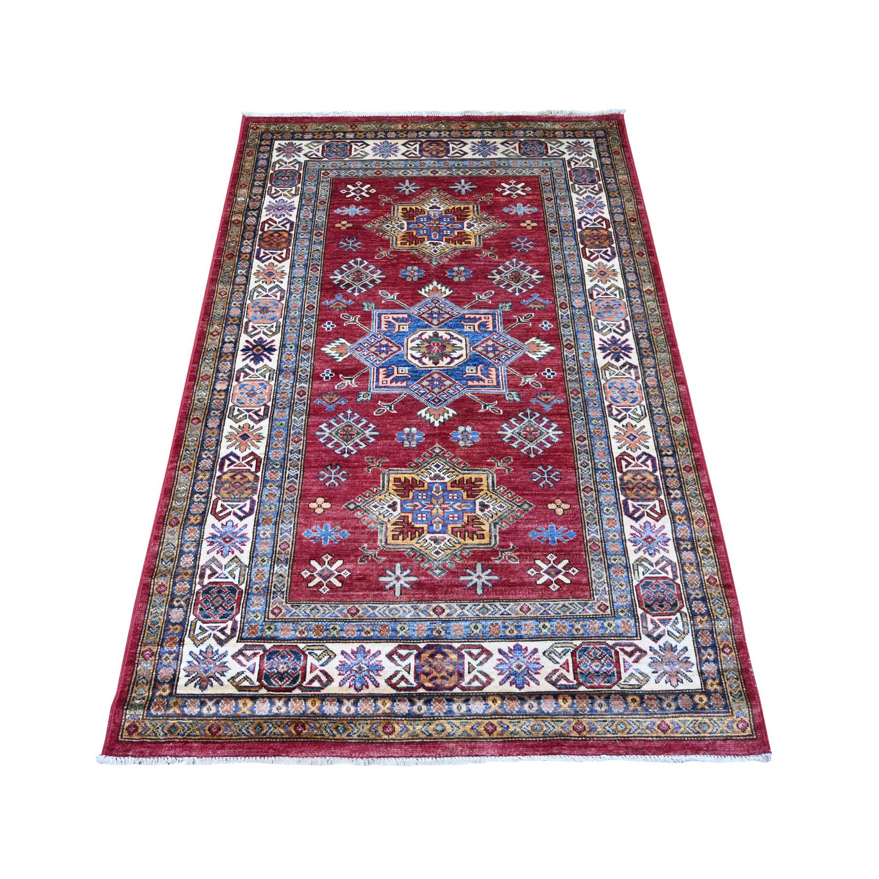 Savvy Red, Afghan Super Kazak with Geometric Medallions Design, Hand Knotted, Soft and Shiny Wool, Vegetable Dyes, Oriental Rug